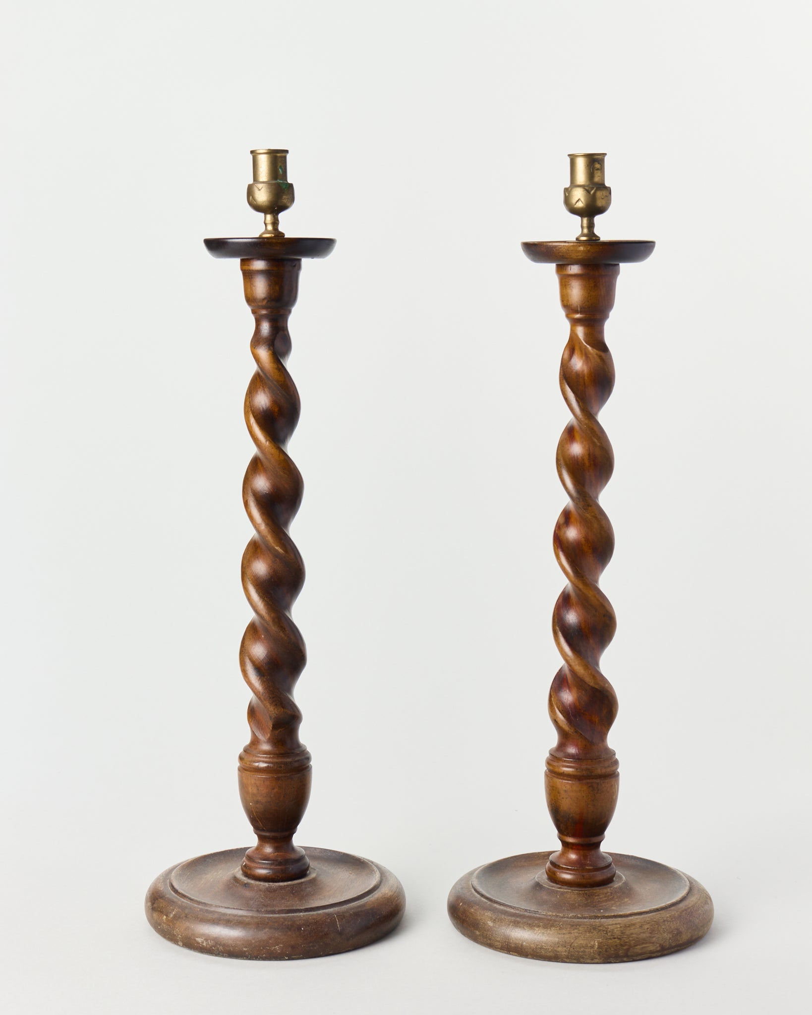 Turned Wood and Brass Candlesticks